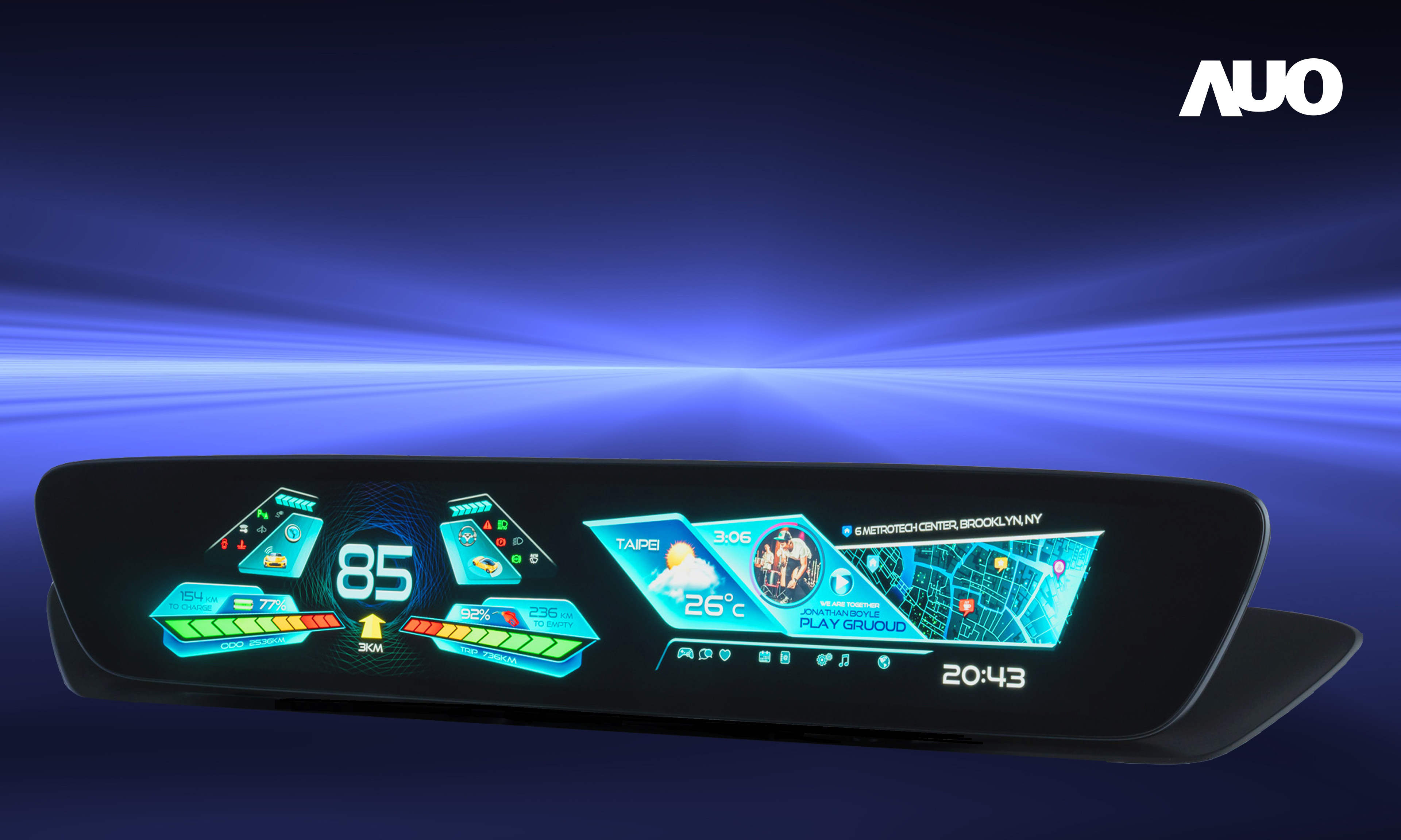 友達30.4吋異形曲面AmLED車載顯示系統，為一兼具儀表板及中控台人機介面的創新車載顯示系統，結合美學設計，提升車內科技沉浸感及使用體驗，讓車載顯示的未來應用更加多元化